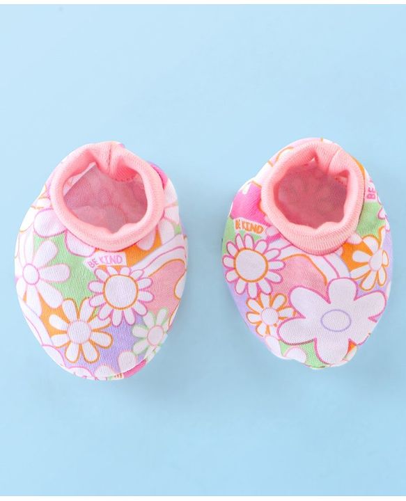Babyhug 100% Cotton Knit Mitten & Booties Floral Print - Pink