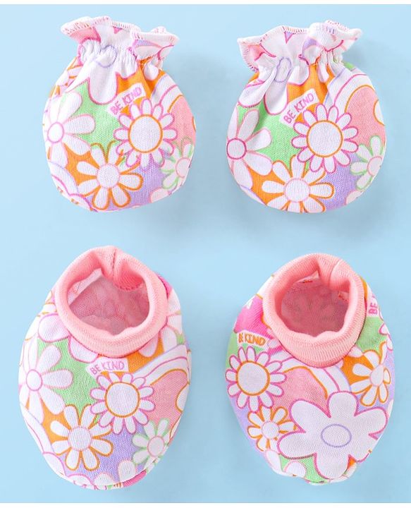 Babyhug 100% Cotton Knit Mitten & Booties Floral Print - Pink