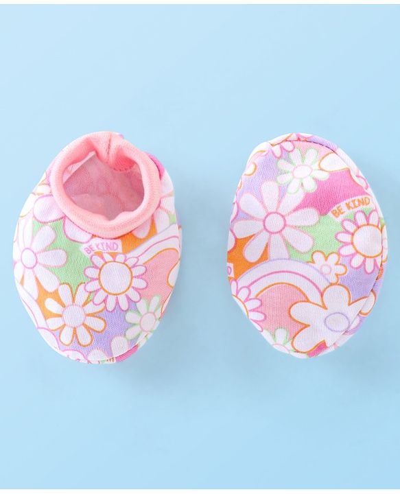 Babyhug 100% Cotton Knit Mitten & Booties Floral Print - Pink