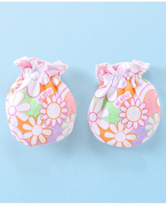 Babyhug 100% Cotton Knit Mitten & Booties Floral Print - Pink
