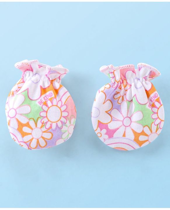 Babyhug 100% Cotton Knit Mitten & Booties Floral Print - Pink
