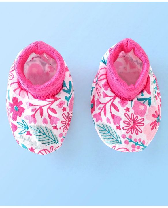 Babyhug Cotton Knit Floral Print Mittens & Booties - Pink