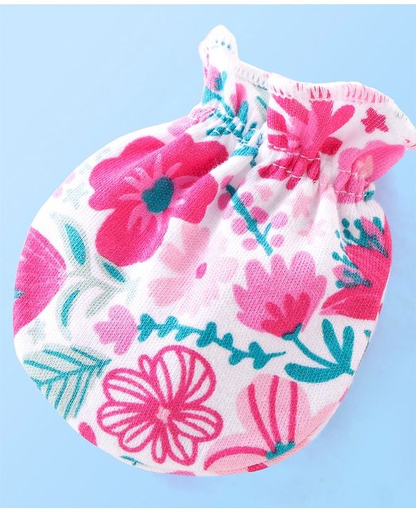 Babyhug Cotton Knit Floral Print Mittens & Booties - Pink