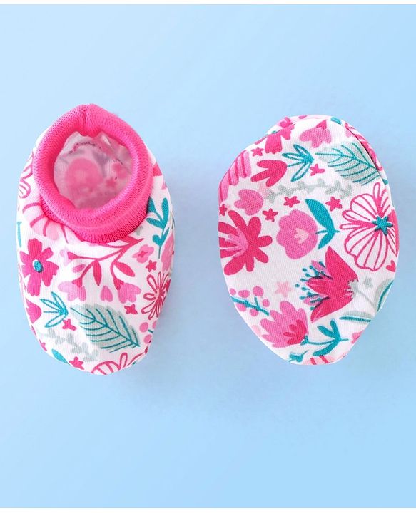Babyhug Cotton Knit Floral Print Mittens & Booties - Pink