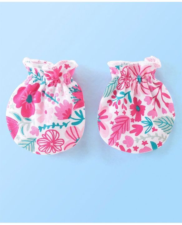 Babyhug Cotton Knit Floral Print Mittens & Booties - Pink