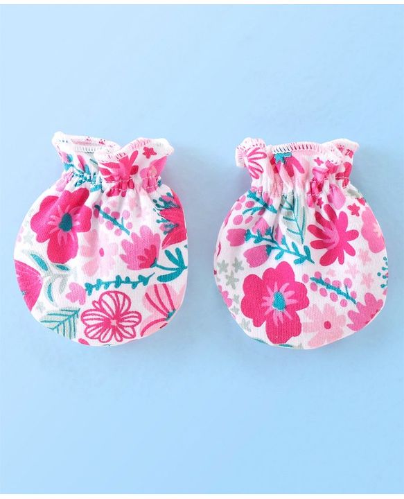Babyhug Cotton Knit Floral Print Mittens & Booties - Pink