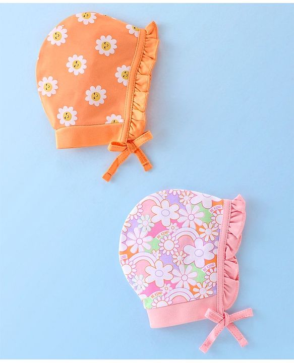 Babyhug 100% Cotton Knit Floral Print Tie Knot Cap Pack of 2 - Pink