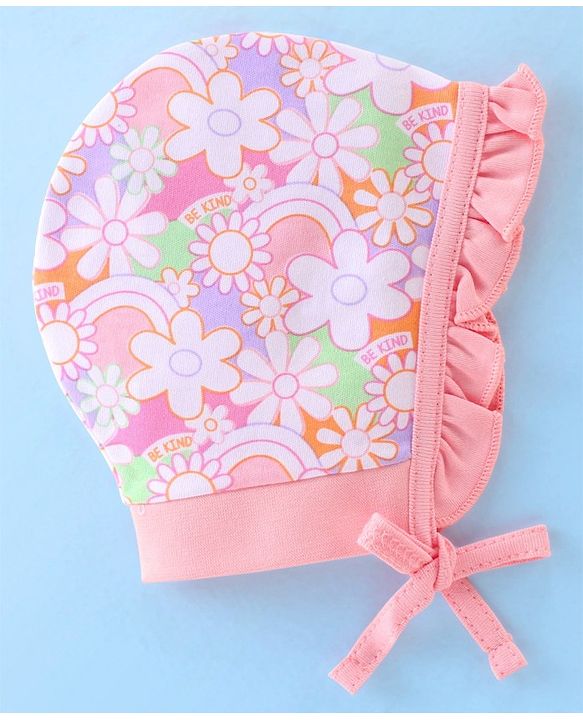 Babyhug 100% Cotton Knit Floral Print Tie Knot Cap Pack of 2 - Pink
