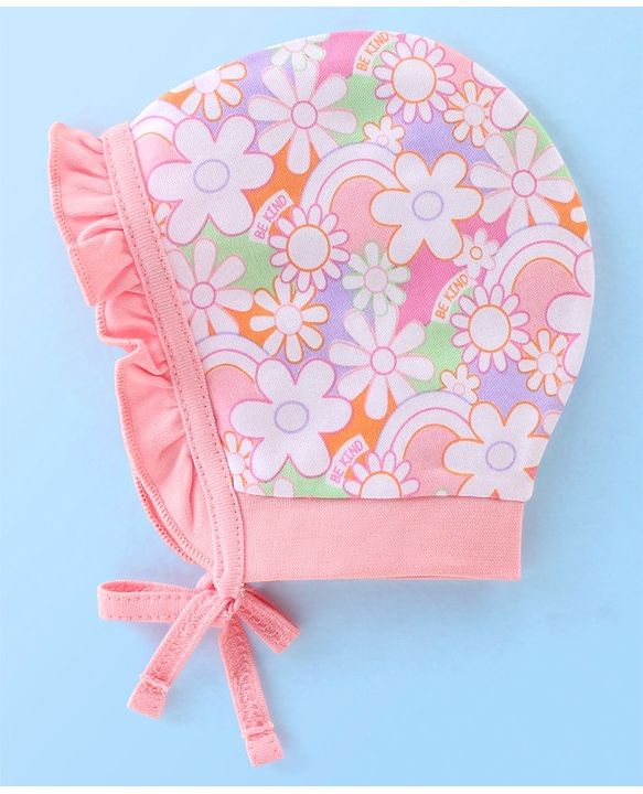 Babyhug 100% Cotton Knit Floral Print Tie Knot Cap Pack of 2 - Pink