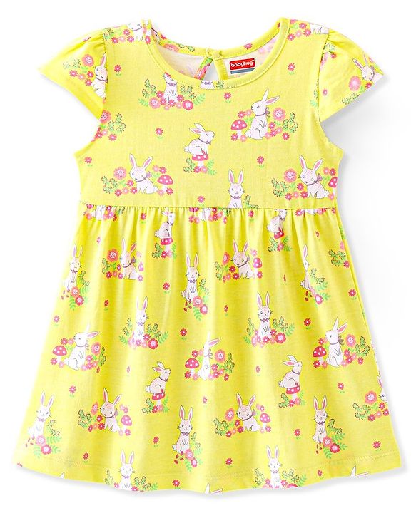 Babyhug 100% Cotton Knit Cap Sleeves Frock Floral & Bunny Print Pack of 2 - Yellow & Pink