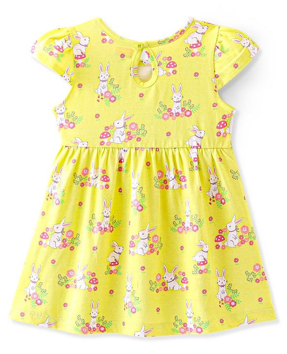Babyhug 100% Cotton Knit Cap Sleeves Frock Floral & Bunny Print Pack of 2 - Yellow & Pink