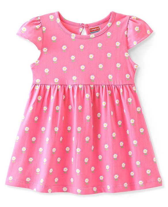 Babyhug 100% Cotton Knit Cap Sleeves Frock Floral & Bunny Print Pack of 2 - Yellow & Pink