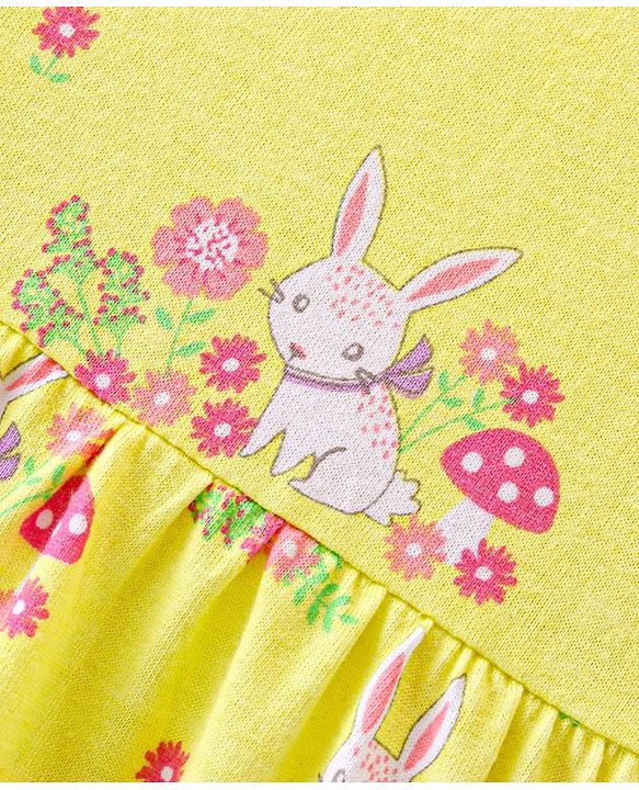 Babyhug 100% Cotton Knit Cap Sleeves Frock Floral & Bunny Print Pack of 2 - Yellow & Pink