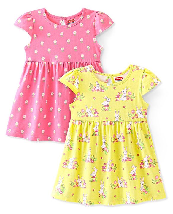 Babyhug 100% Cotton Knit Cap Sleeves Frock Floral & Bunny Print Pack of 2 - Yellow & Pink