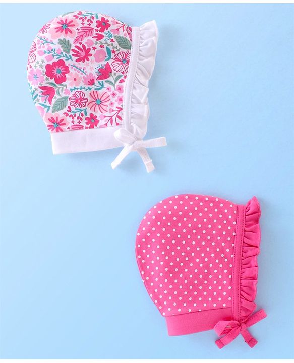 Babyhug 100% Cotton Knit Floral Print Tie Knot Cap - Pink
