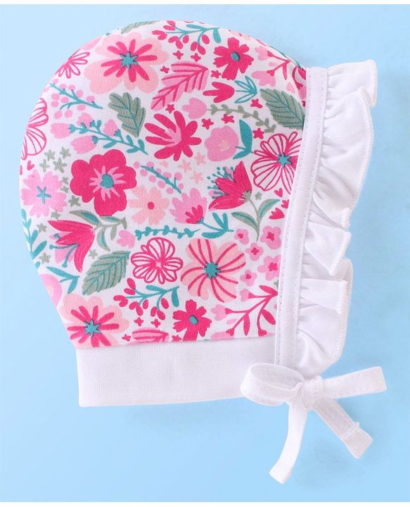 Babyhug 100% Cotton Knit Floral Print Tie Knot Cap - Pink