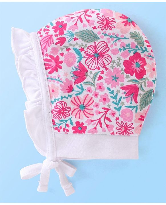 Babyhug 100% Cotton Knit Floral Print Tie Knot Cap - Pink