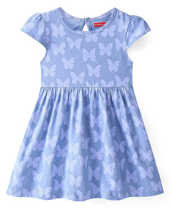 Babyhug 100% Cotton Knit Half Sleeves Frock With Butterfly Print Pack Of 2 - Pink & Blue
