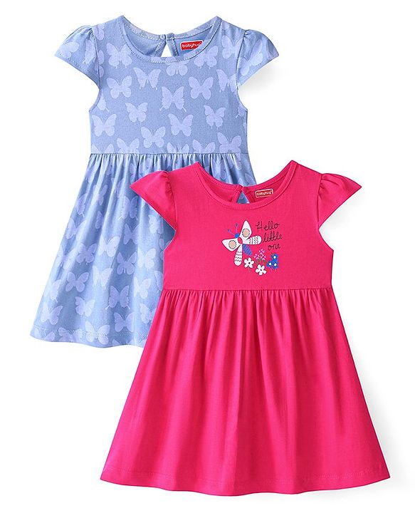 Babyhug 100% Cotton Knit Half Sleeves Frock With Butterfly Print Pack Of 2 - Pink & Blue