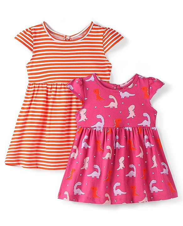 Babyhug 100% Cotton Knit Half Sleeves Frock With Dino Print & Striped Pack Of 2 - Pink & Peach