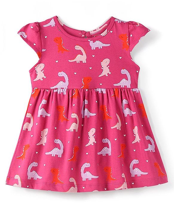 Babyhug 100% Cotton Knit Half Sleeves Frock With Dino Print & Striped Pack Of 2 - Pink & Peach
