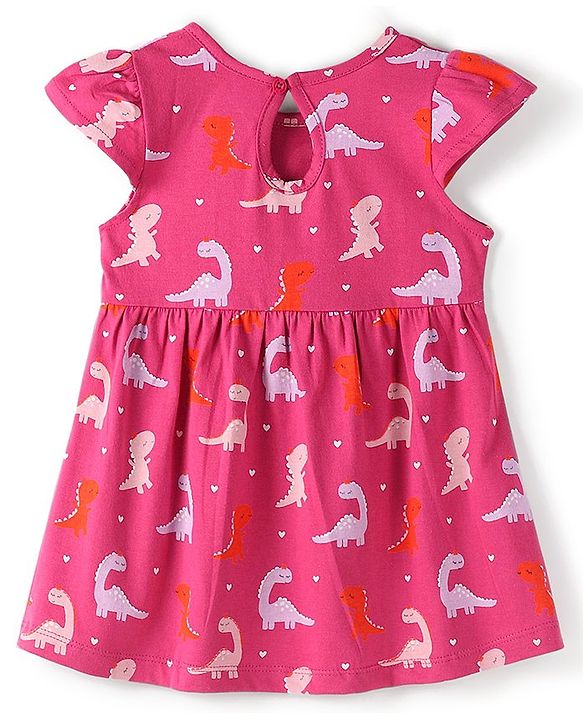Babyhug 100% Cotton Knit Half Sleeves Frock With Dino Print & Striped Pack Of 2 - Pink & Peach