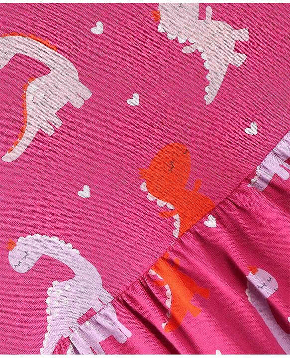 Babyhug 100% Cotton Knit Half Sleeves Frock With Dino Print & Striped Pack Of 2 - Pink & Peach