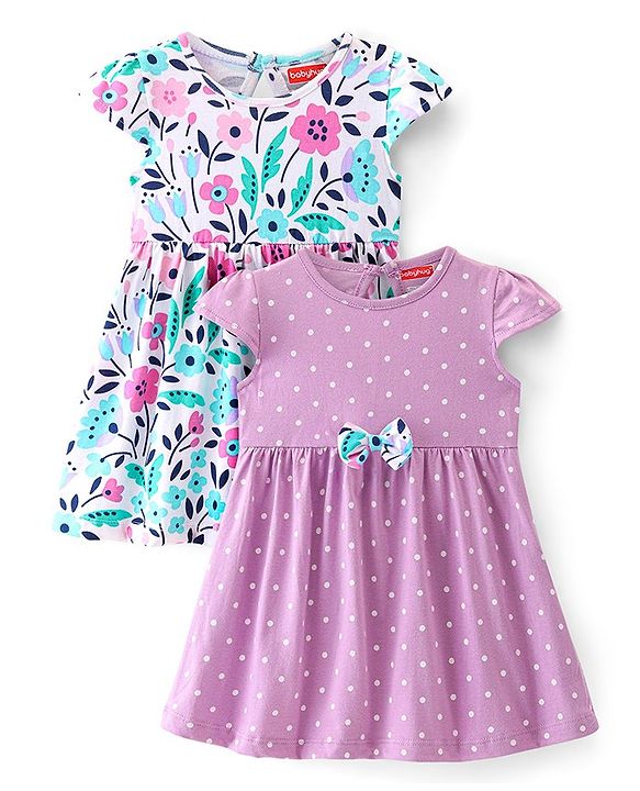 Babyhug Cotton Knit Cap Sleeves Floral Printed Frocks with Bow Applique Pack of 2 - Multicolour
