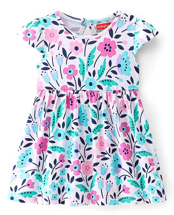 Babyhug Cotton Knit Cap Sleeves Floral Printed Frocks with Bow Applique Pack of 2 - Multicolour