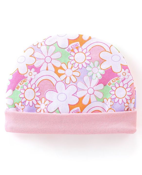 Babyhug 100% Cotton Knit Cap with Floral Print and Bow - Pink
