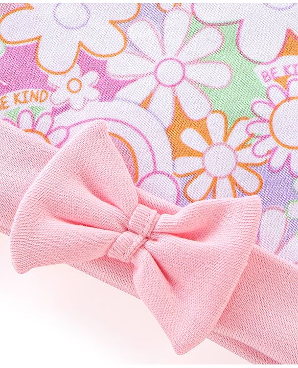 Babyhug 100% Cotton Knit Cap with Floral Print and Bow - Pink