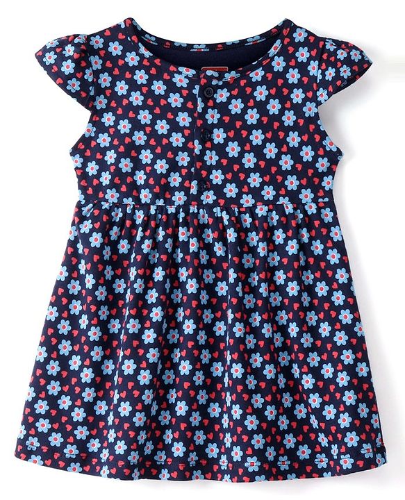 Babyhug 100% Cotton Single Jersey Knit Half Sleeves Frock With Bloomer Floral Print - Navy Blue