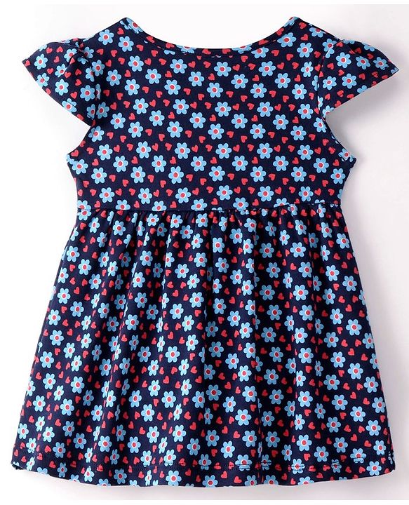 Babyhug 100% Cotton Single Jersey Knit Half Sleeves Frock With Bloomer Floral Print - Navy Blue