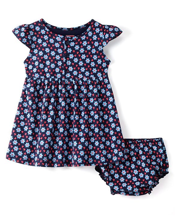 Babyhug 100% Cotton Single Jersey Knit Half Sleeves Frock With Bloomer Floral Print - Navy Blue