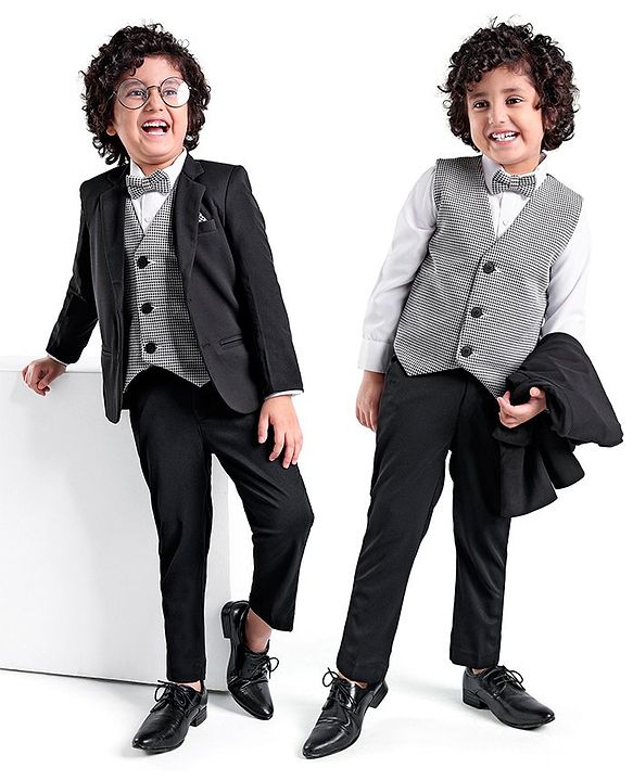 Babyhug Woven Full Sleeves Stretchable 5 Pieces Solid Party Suit with Bow Tie - Black