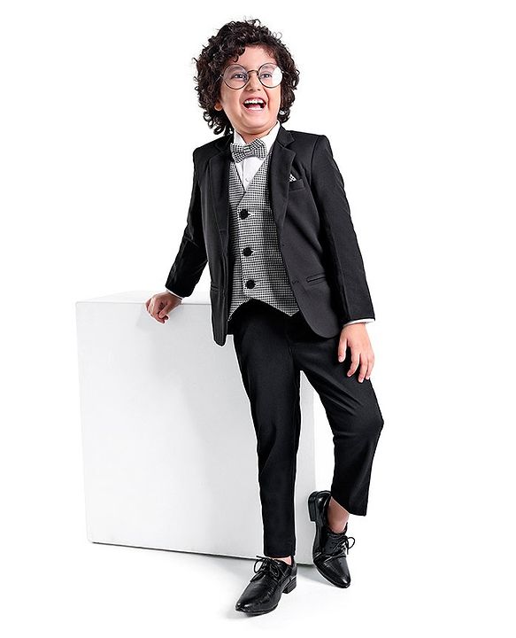 Babyhug Woven Full Sleeves Stretchable 5 Pieces Solid Party Suit with Bow Tie - Black