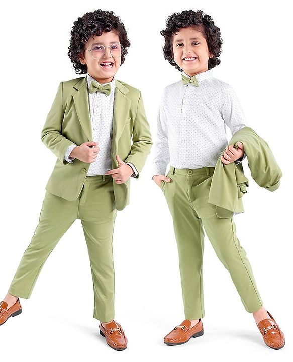 Babyhug Woven Full Sleeves Stretch Fit Party Suit With Bow - Green & White