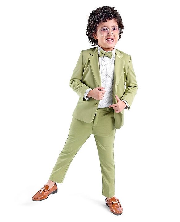 Babyhug Woven Full Sleeves Stretch Fit Party Suit With Bow - Green & White