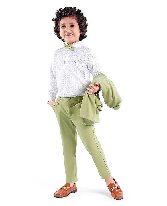 Babyhug Woven Full Sleeves Stretch Fit Party Suit With Bow - Green & White