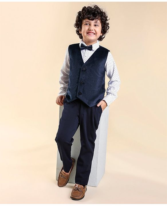 Babyhug Woven  Full Sleeves Polka Dot Print Party Suit With Velvet Waist Coat - Navy Blue