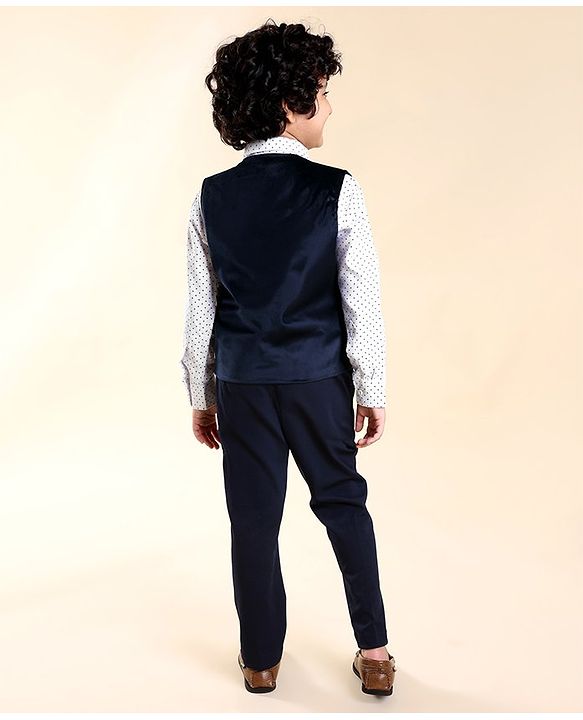 Babyhug Woven  Full Sleeves Polka Dot Print Party Suit With Velvet Waist Coat - Navy Blue