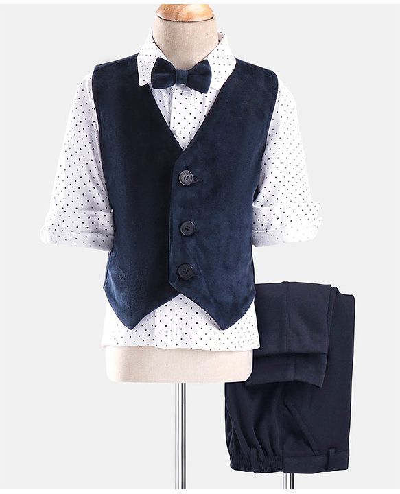Babyhug Woven  Full Sleeves Polka Dot Print Party Suit With Velvet Waist Coat - Navy Blue