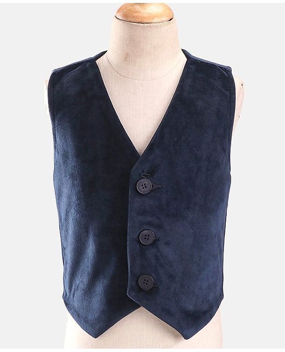 Babyhug Woven  Full Sleeves Polka Dot Print Party Suit With Velvet Waist Coat - Navy Blue