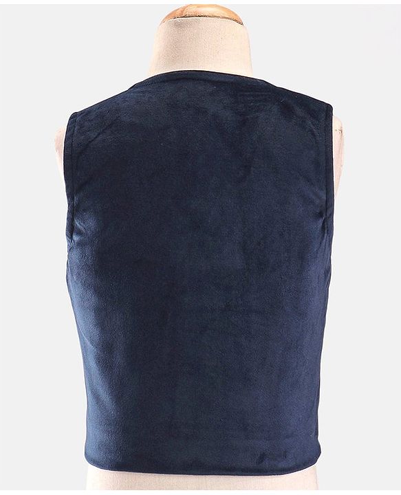 Babyhug Woven  Full Sleeves Polka Dot Print Party Suit With Velvet Waist Coat - Navy Blue