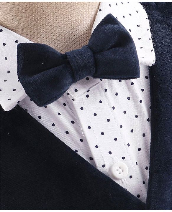 Babyhug Woven  Full Sleeves Polka Dot Print Party Suit With Velvet Waist Coat - Navy Blue