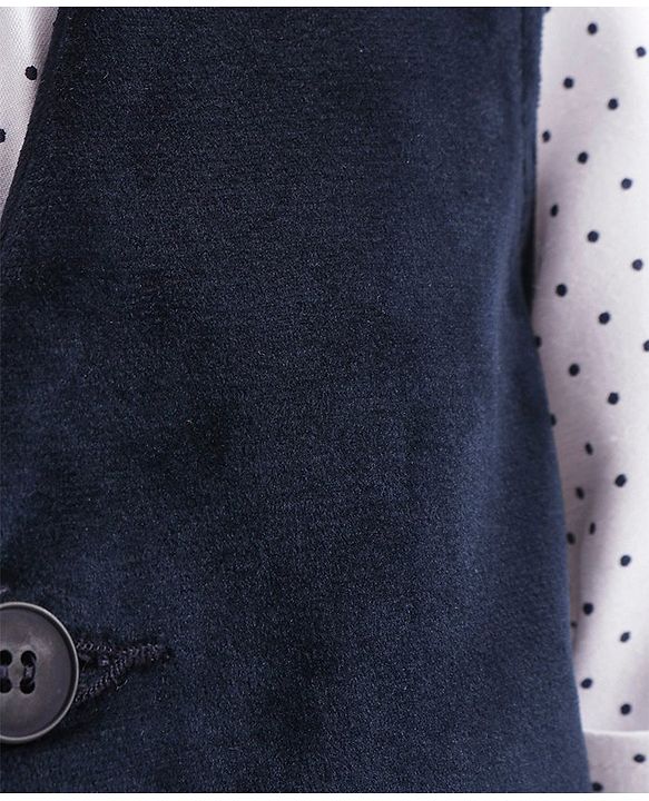 Babyhug Woven  Full Sleeves Polka Dot Print Party Suit With Velvet Waist Coat - Navy Blue