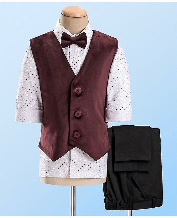 Babyhug Full Sleeves Velvet Party Suit with Bow Solid & Polka Dot Print - White & Maroon