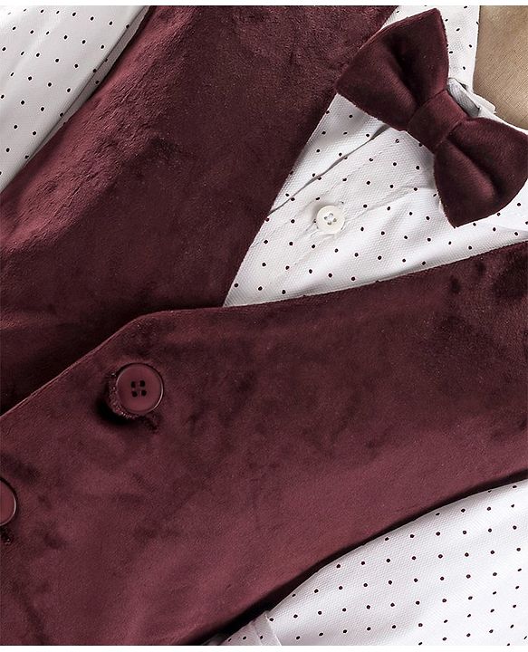 Babyhug Full Sleeves Velvet Party Suit with Bow Solid & Polka Dot Print - White & Maroon
