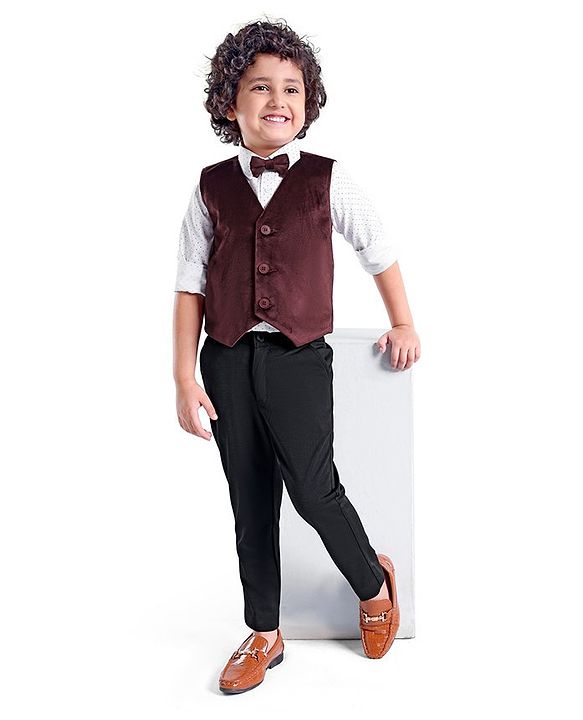 Babyhug Full Sleeves Velvet Party Suit with Bow Solid & Polka Dot Print - White & Maroon