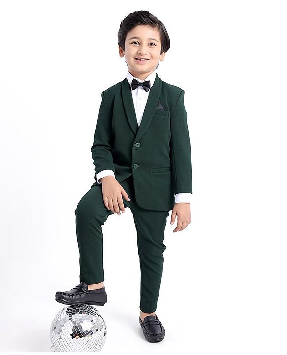 Babyhug Woven Full Sleeves Three Pieces Solid Colour Party Suit With Bow - Green & White